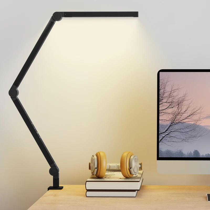 HOMCOM Lampe de bureau, luminosité et couleur réglables, pince métallique, 96 LEDs, Noir