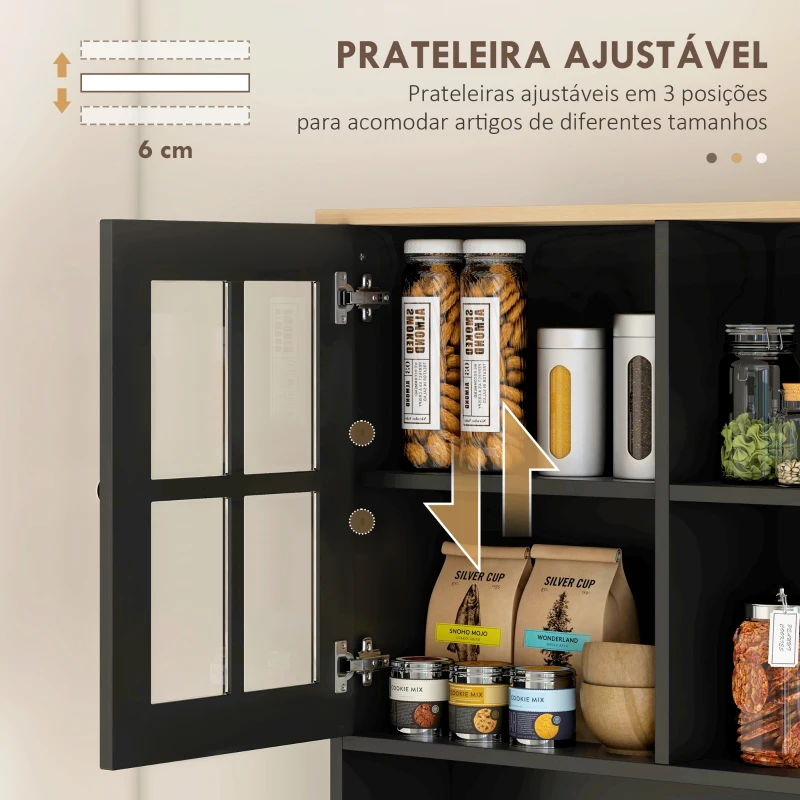 HOMCOM Armário de Cozinha com Prateleiras e Portas de Vidro  Armário Alto de Cozinha para Pequenos Eletrodomésticos e Louças 80x37x183 cm Preto