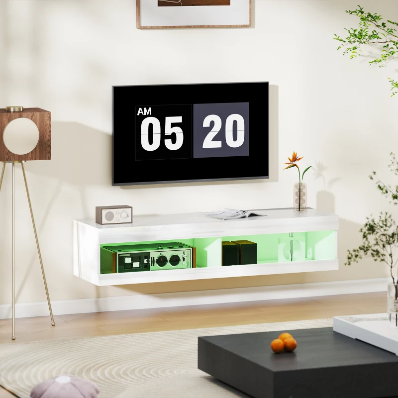 HOMCOM TV Schrank, Hängendes TV Lowboard mit RGB LED-Beleuchtung in 16 Farben, TV Ständer mit offenen Stauraum, für 55-60 Zoll Fernseher, für Wohnzimmer, Schlafzimmer, 140 x 40 x 30 cm, Hochglanzweiß(m-7)