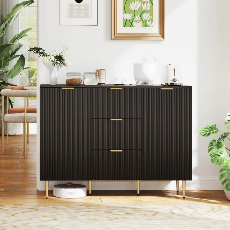 HOMCOM Sideboard kitchen storage cabinet with 3 drawers, adjustable shelves, fluted door cupboards, 120 x 40 x 90 cm, black