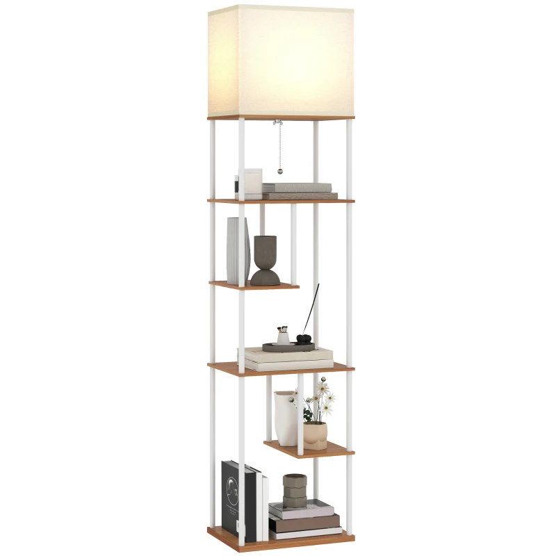 HOMCOM Lampada da Terra con Ripiani Temperature di Colore Regolabili 3000K-6500K Telecomando Lampadina E27 Legno naturale