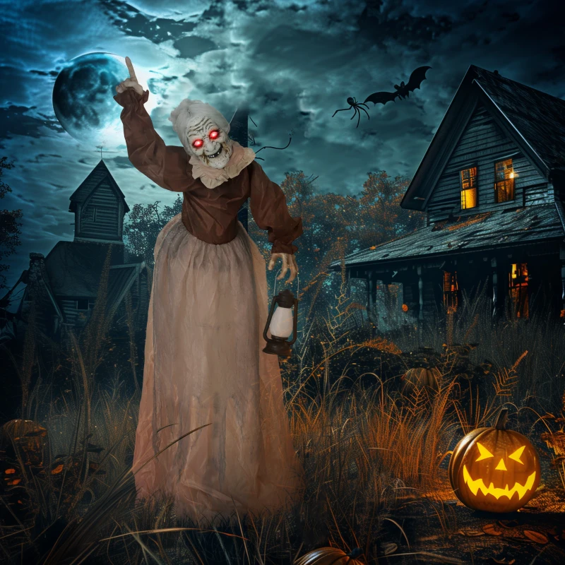 Outsunny 150 cm Halloween Dekoration Halloween Hexe mit LED-Lichter, Soundfunktion verstellbare Arme, Kopf(m-8)