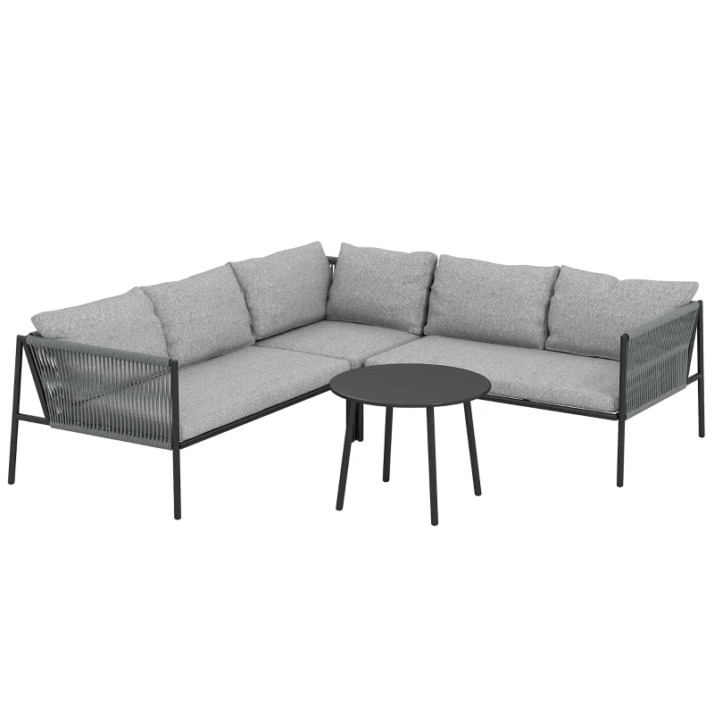 Outsunny Salotto da Giardino in Rattan con Divano Angolare Modulabile, Tavolino da Caffè e Cuscini, Grigio