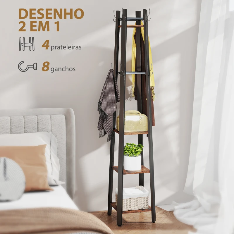 HOMCOM Cabideiro de Pé com 4 Níveis 4 Prateleiras 8 Ganchos com Estrutura Metálica para Pendurar Roupas e Chapéus Marrom Rústico