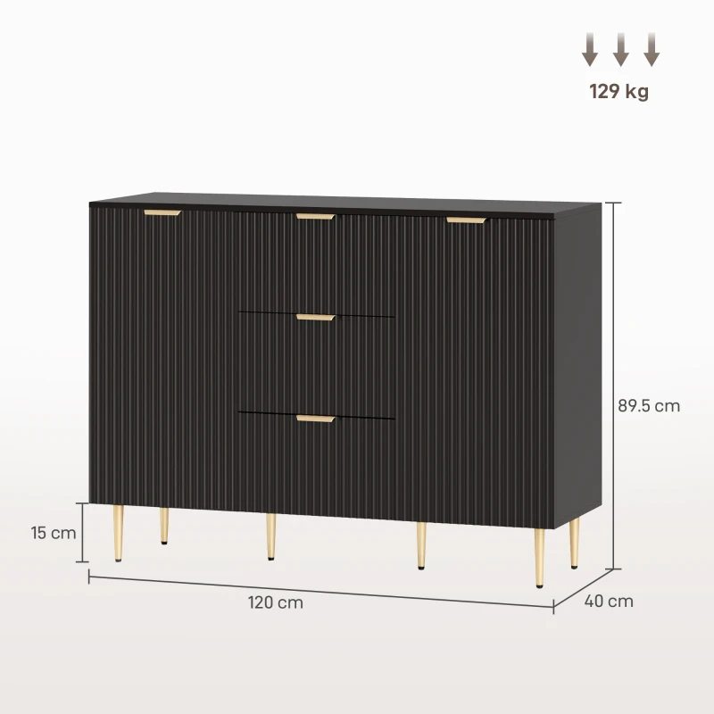 HOMCOM Sideboard kitchen storage cabinet with 3 drawers, adjustable shelves, fluted door cupboards, 120 x 40 x 90 cm, black