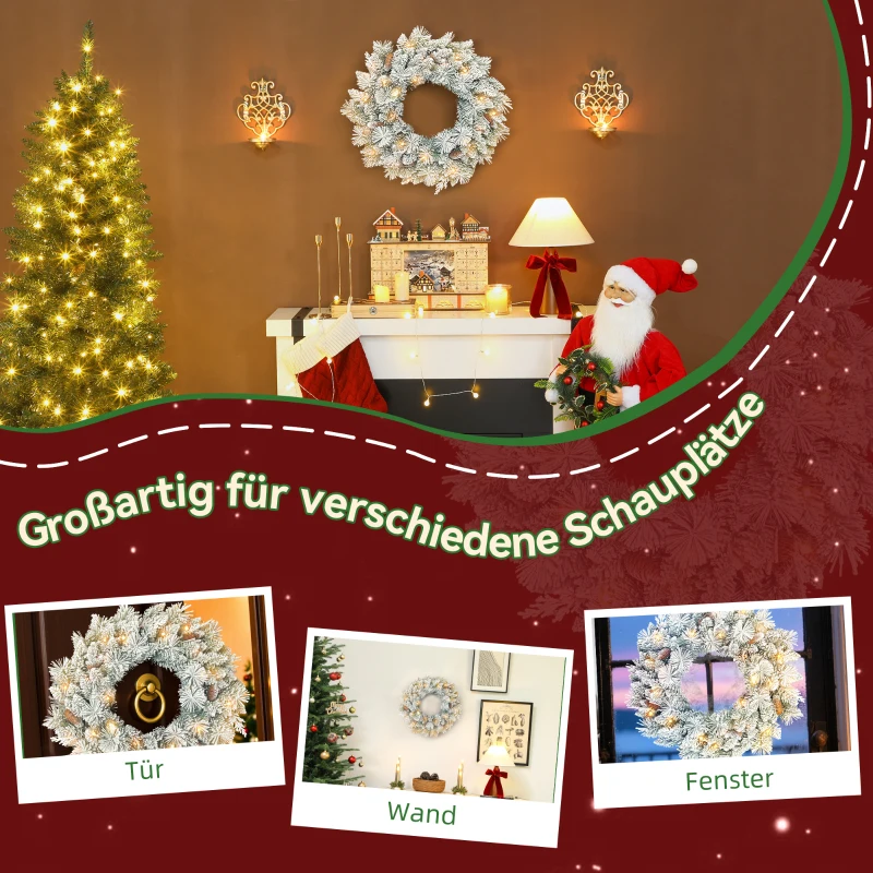 HOMCOM Dennenkrans kerstkrans met LED-lichtsnoer, dennenappels, deurkrans Groen+Wit, Ø60 x 8 cm