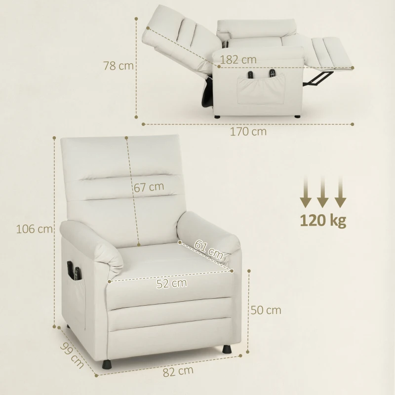 HOMCOM Sillón relax eléctrico con masaje y calefacción, sillón reclinable, reposapiés, motor silencioso, 82x99x106cm, crema