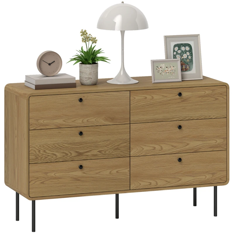HOMCOM 6-Drawer Dresser Storage Cabinet Modern Style Rounded Corners and Steel Legs 120 x 40 x 75 cm Oak-Effect