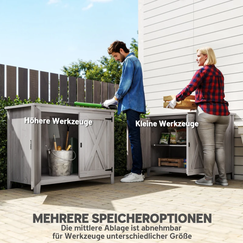 Outsunny Gartenschrank, Holzschrank für Gartengeräte, Outdoor-Schrank für Terrasse, mit Doppeltüren, Scheunendesign, Hellgrau(m-4)