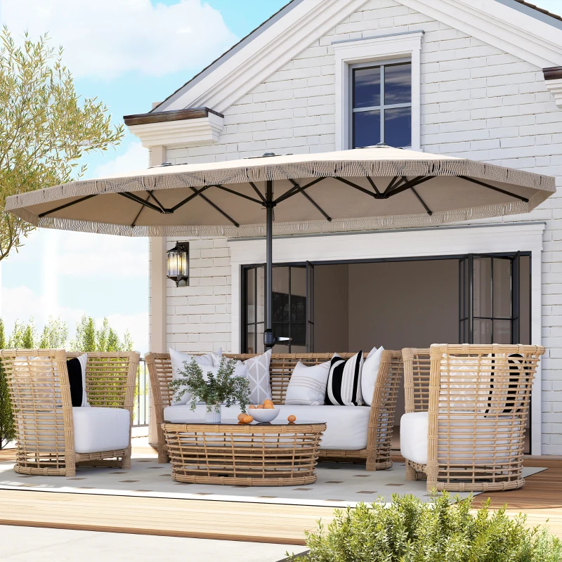 Outsunny Chapéu de Sol Duplo 4,5x2,65 m com Manivela Manual Resistente a Água e Proteção UV30+ Chapéu de Sol Grande Creme
