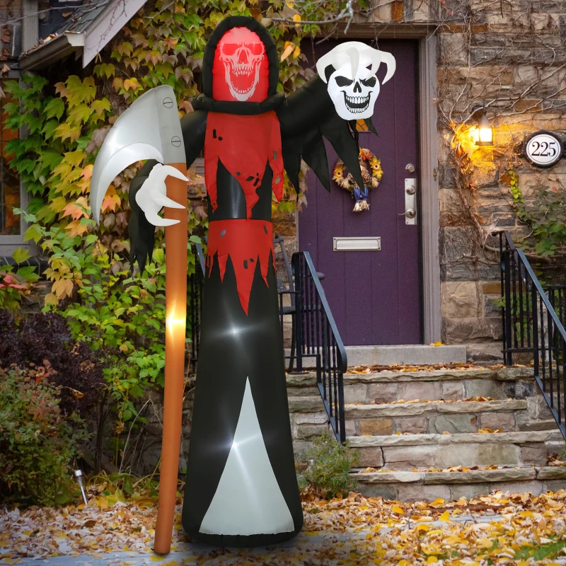 Outsunny Halloween-decoratie 3,70 m reusachtige dood met zeis met LED-verlichting lichtgevende luchtfiguur voor buiten