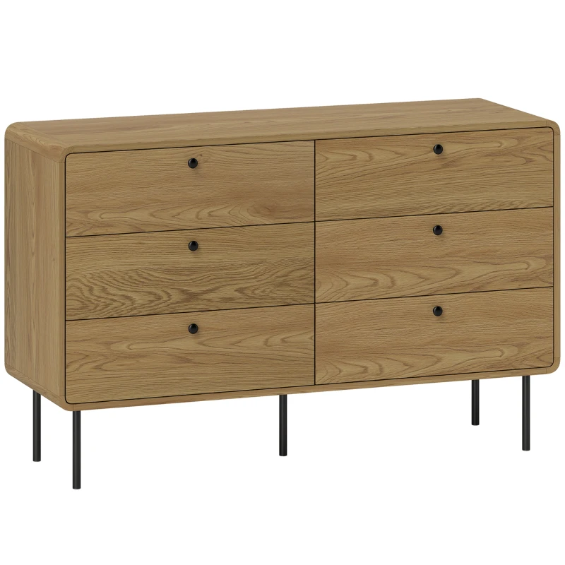 HOMCOM Cómoda 6 cajones mueble de almacenamiento estilo moderno esquinas redondeadas y patas de acero 120 x 40 x 75 cm efecto madera de roble