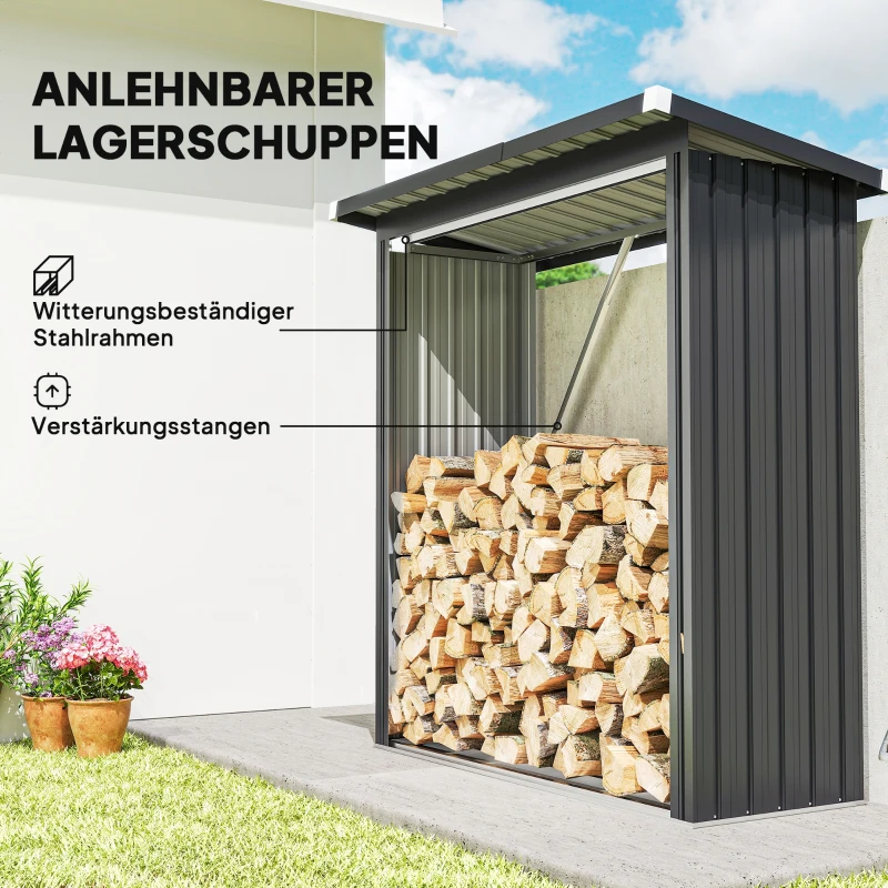 Outsunny Brennholzschuppen, Feuerholzunterstand, Stahl, erhöhter Boden, Schrägdach, 150 x 66,5 x 150 cm, Dunkelgrau(m-4)
