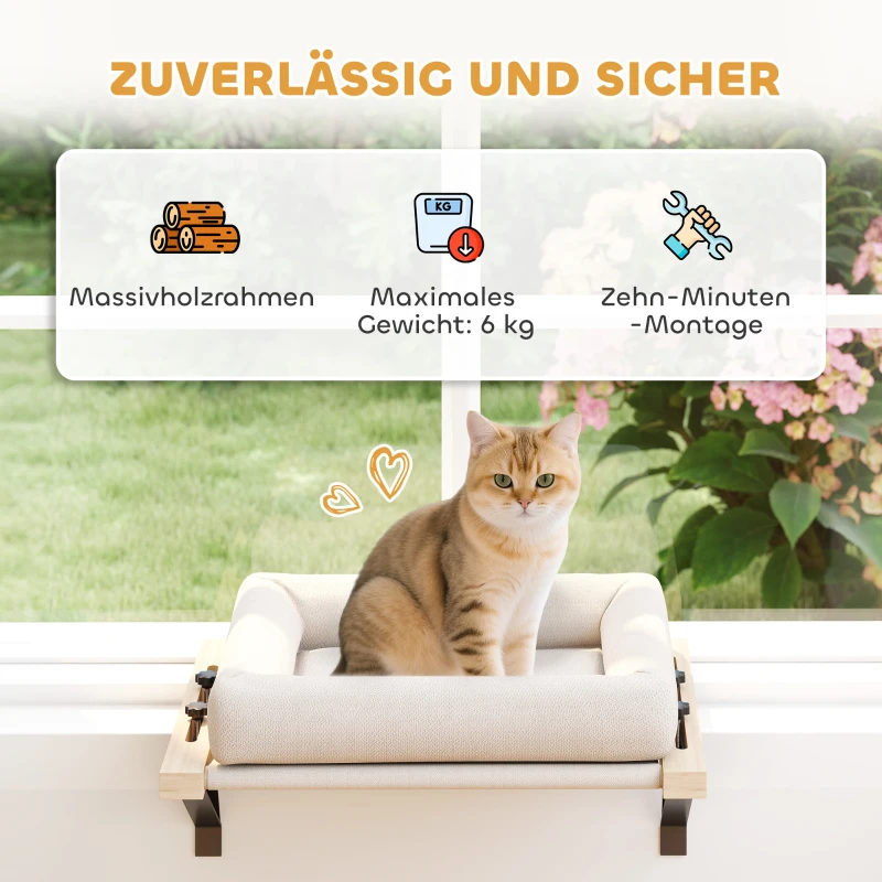 PawHut Kattenhuis met beugel voor vensterbanken en radiatoren, kussen, houten frame, wit