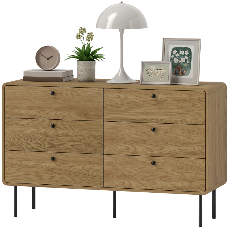 HOMCOM 6-Drawer Dresser Storage Cabinet Modern Style Rounded Corners and Steel Legs 120 x 40 x 75 cm Oak-Effect