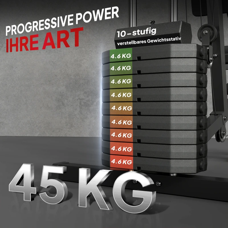 HOMCOM Kraftstation für Zuhause Fitnessstation mit Latzuggerät, Kabelzug, kurzer Bizepsstange, Brustpresse, Beintrainer, Butterfly-Maschine 45kg Gewichten Multifunktion Fitnessstation Schwarz
