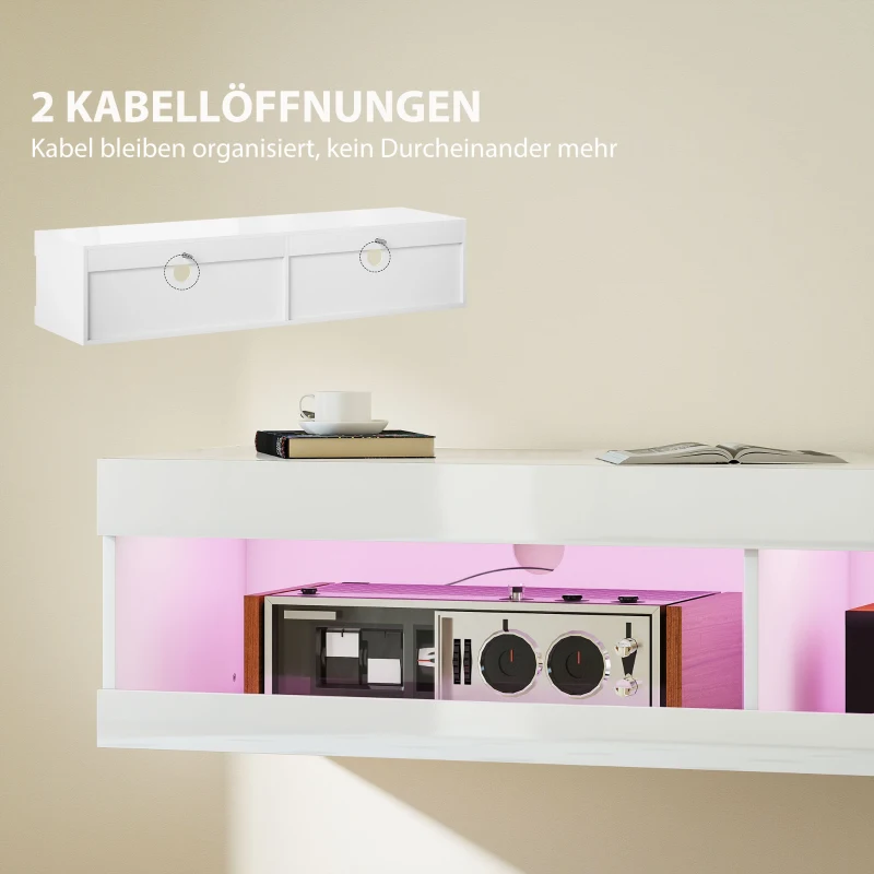 HOMCOM TV Schrank, Hängendes TV Lowboard mit RGB LED-Beleuchtung in 16 Farben, TV Ständer mit offenen Stauraum, für 55-60 Zoll Fernseher, für Wohnzimmer, Schlafzimmer, 140 x 40 x 30 cm, Hochglanzweiß(m-6)