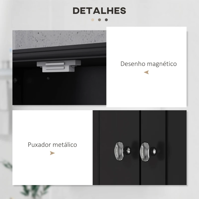 kleankin Armário de Parede para Casa de Banho com 2 Portas Prateleira Aberta e 2 Gavetas Estilo Moderno 50,8x17,8x66 cm Preto
