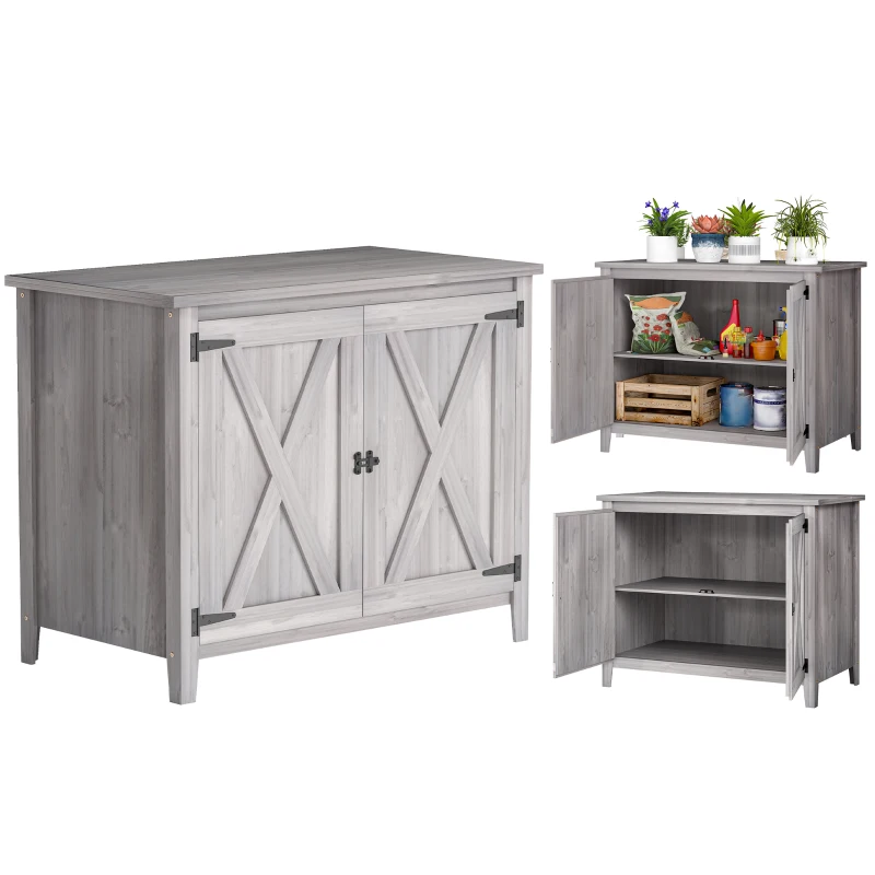 Outsunny Gartenschrank, Holzschrank für Gartengeräte, Outdoor-Schrank für Terrasse, mit Doppeltüren, Scheunendesign, Hellgrau(m-11)