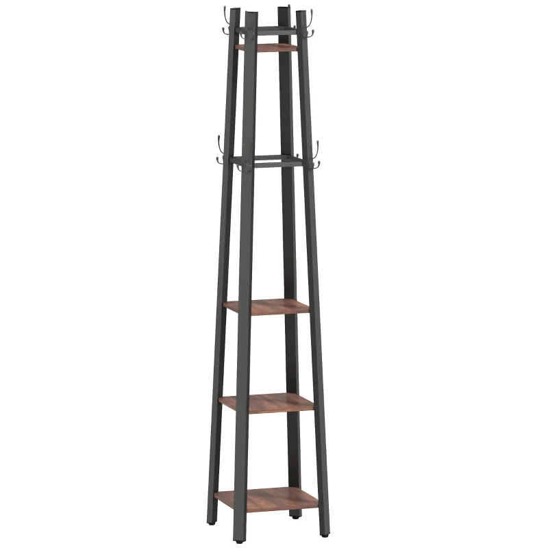 HOMCOM Garderobenständer mit 4 Ebenen, freistehender Kleiderständer, 8 Haken, 4 Regale, Industrie-Stil, Metall, Spanplatte, Braun