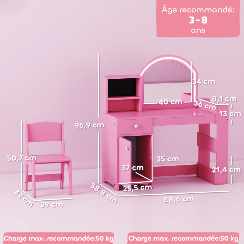 AIYAPLAY Schminktisch für Kinder mit Hocker und LED-Spiegel, Schminktisch für 3 bis 8 Jahre, 88,6 x 38,8 x 96,9 cm, rosa