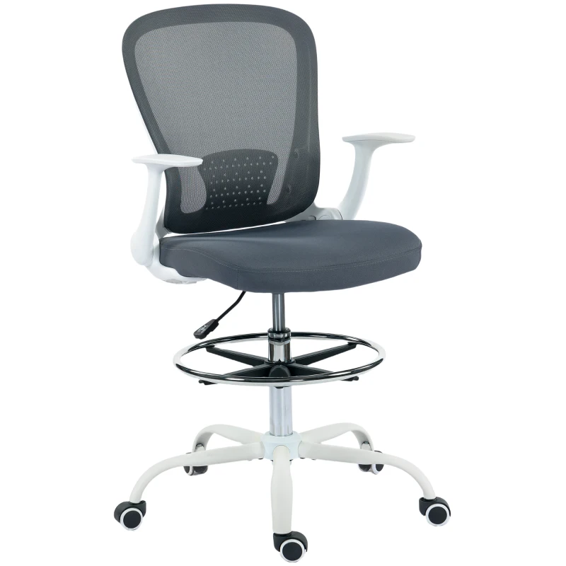 HOMCOM Ergonomischer Bürostuhl mit verstellbarer Fußstütze und hochklappbaren Armlehnen, höhenverstellbar, 59x62x99-119cm, grau