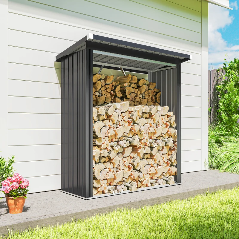 Outsunny Brennholzschuppen, Feuerholzunterstand, Stahl, erhöhter Boden, Schrägdach, 150 x 66,5 x 150 cm, Dunkelgrau(m-8)