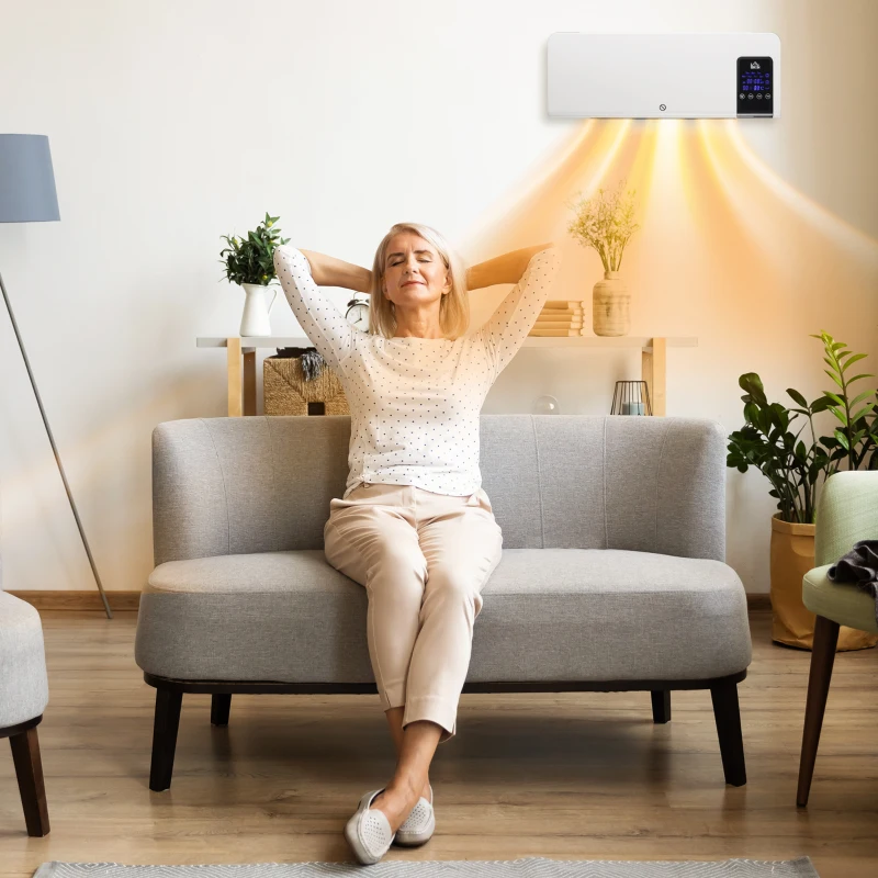 HOMCOM Elektrische Heater, Wandmontage, Oscillatiefunctie, 2 standen, Timer, LED-display, Wit