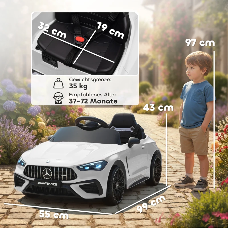AIYAPLAY Coche eléctrico infantil, diseño Mercedes, motores 12V, control remoto, luces LED, música, para niños de 3-6 años, Blanco