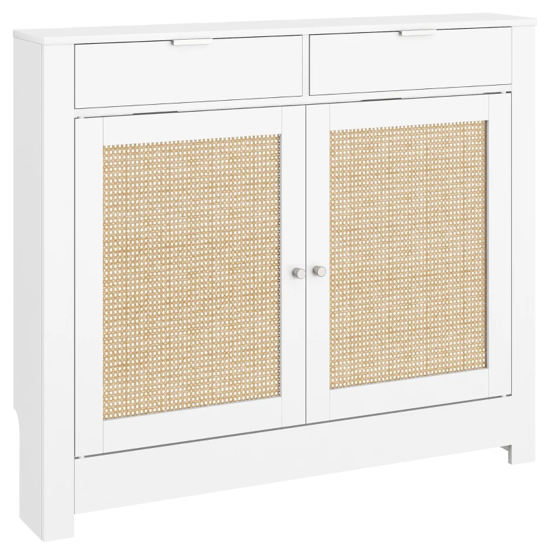 HOMCOM Cubre Radiadores con Puertas Abatibles y Ratán 2 Compartimentos Diseño Bohemio para Salón Dormitorio Blanco