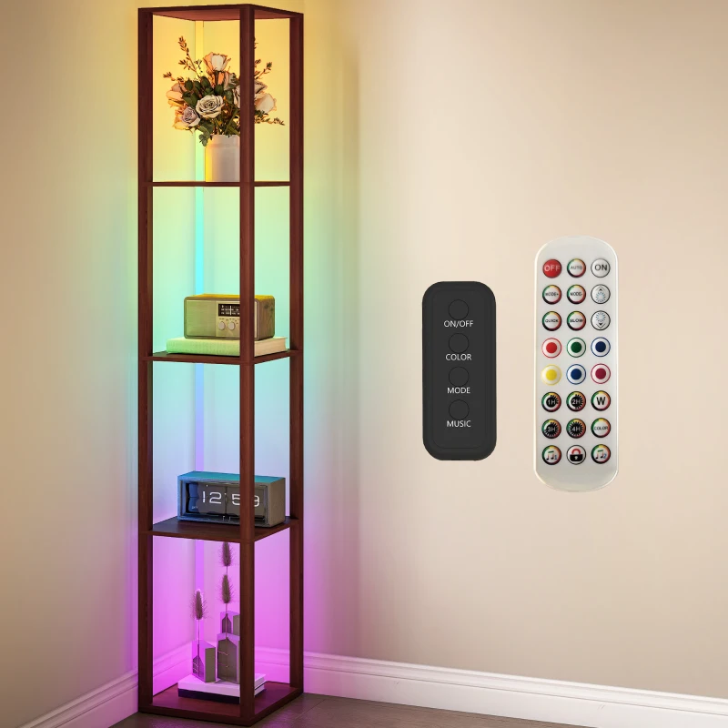 HOMCOM RGB LED Floor Lamp with Shelves, Modern Dimmable Standing Lamp with Remote Control, Adjustable Brightness & Speed for Living Room, Bedroom, Office, Brown