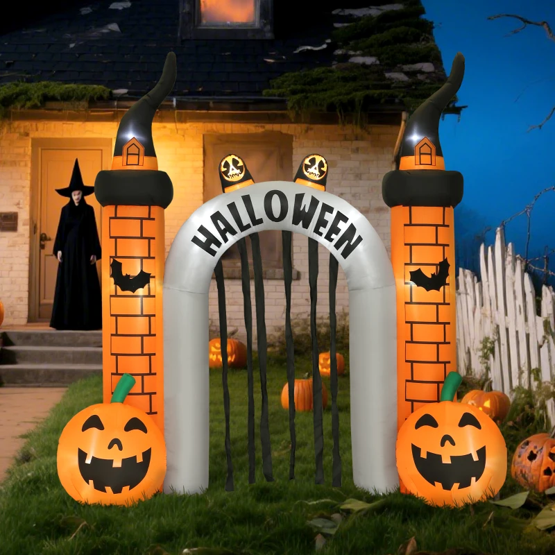 Outsunny Opblaasbare Halloween-boog, pompoenontwerp, LEDs, haringen, polyester