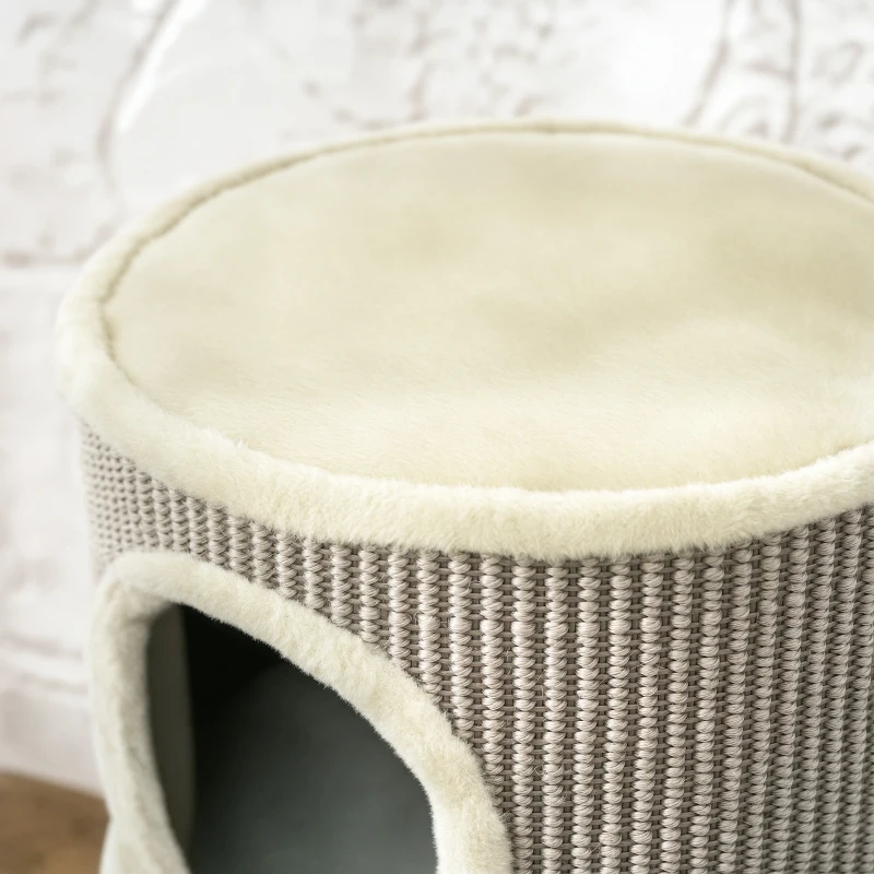 PawHut Krabton, 49 cm hoog, Ø35,5 cm tweelaagse kattenton met pluche rand krabmat, 2 holen Khaki+Koffie