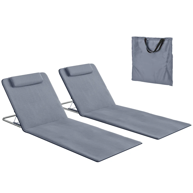 Outsunny Lot de 2 Tapis de Plage rembourré - lot de 2 Matelas de Plage - nattes de Plage - Dossier inclinable Multi-Positions - Sac Transport Inclus - métal Polyester PE Gris