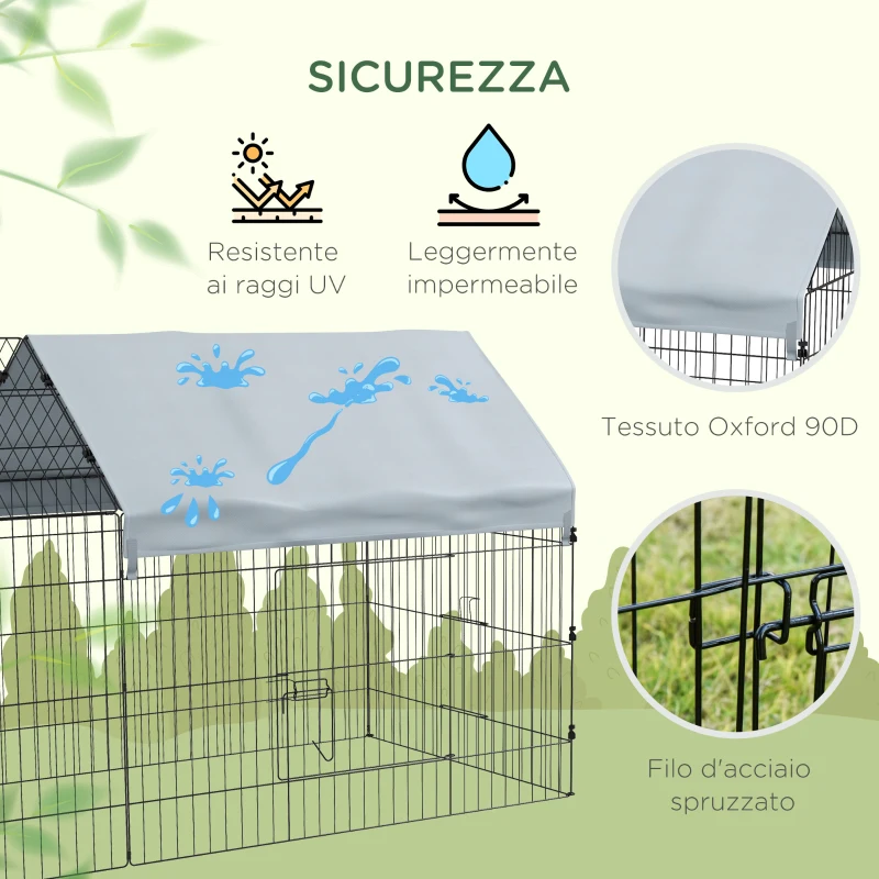 PawHut Jaula para Conejos de Exterior e Interior tipo Caseta con Toldo, 220x85x103 cm, Plateado