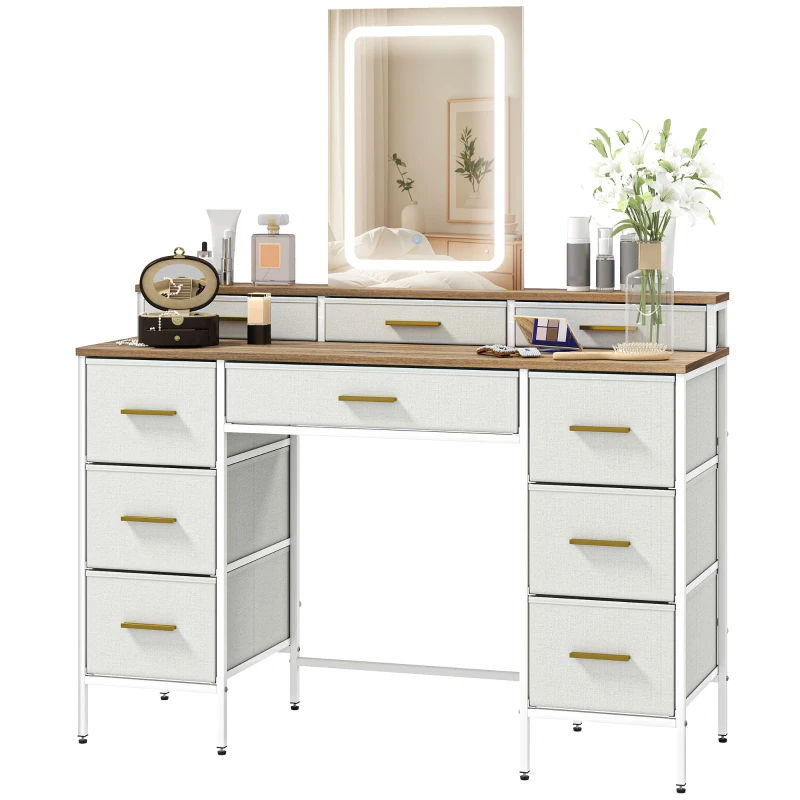 HOMCOM Schminktisch mit Spiegel und 3‑farbiger LED-Beleuchtung, Schminktisch 10 Stoffschubladen, 118,5 x 39,5 x 140 cm natur