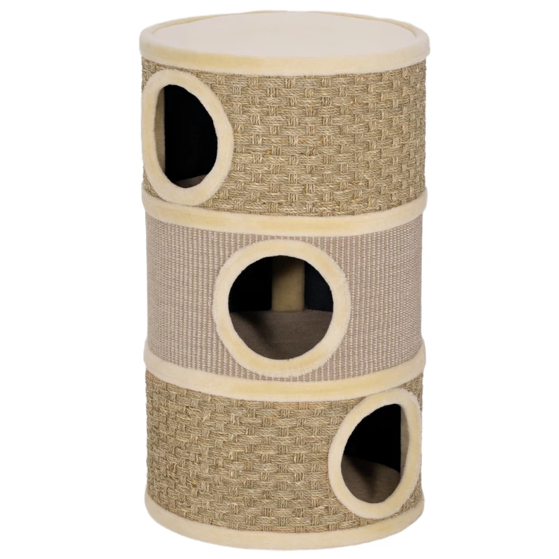 PawHut Krabton, 79 cm hoog, Ø45 cm, drievoudige krabton met sisaltouw, kattenhol, voor grote katten, Khaki+Bruin