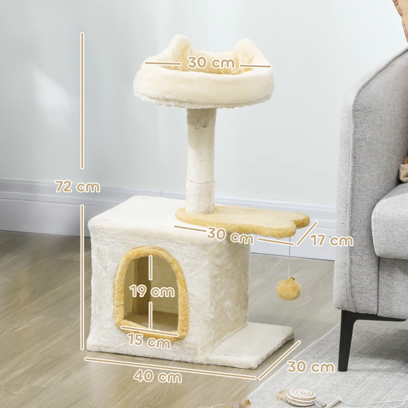 PawHut Arbre griffoir pour chats avec perchoir et maisonnette, en bois, peluche et sisal, 40x30x72 cm, Beige et Jaune