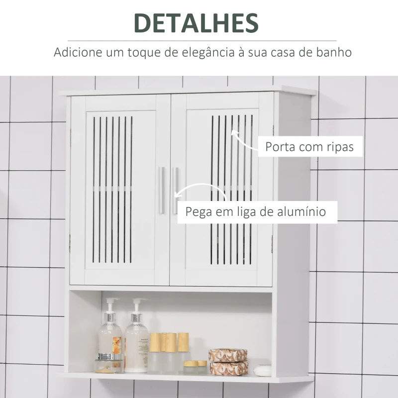 kleankin Armário de Parede Casa de Banho com Armazenamento 2 Portas em Ripas Prateleira Ajustável e Compartimento 60x20x70 cm Branco