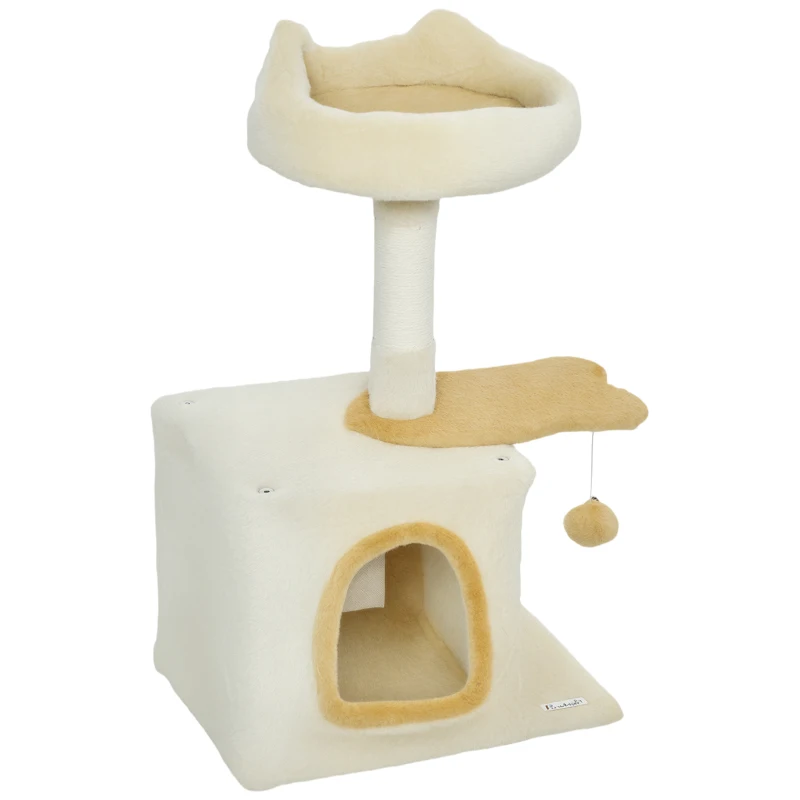PawHut Arbre griffoir pour chats avec perchoir et maisonnette, en bois, peluche et sisal, 40x30x72 cm, Beige et Jaune