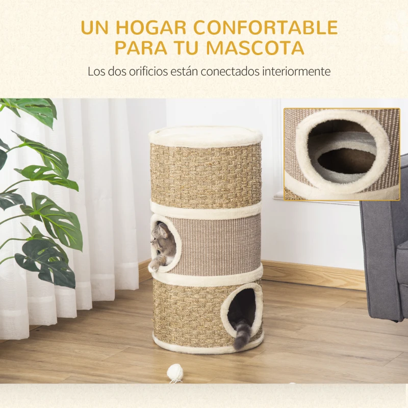 PawHut Tonel Rascador para Gatos con 3 Niveles Barril de Rascado con Plataforma Cama Cómoda Ø37,5x70 cm Marrón Claro y Beige