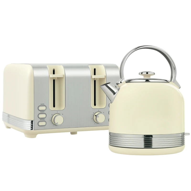 HOMCOM Ensemble bouilloire grille-pain, bouilloire en acier inoxydable 1,7 L et 2200 W et grille-pain à 4 tranches, crème
