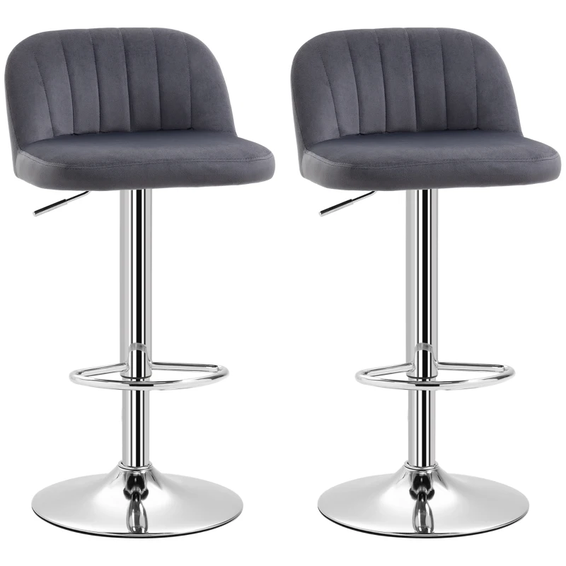 HOMCOM Conjunto de 2 Bancos de Bar Estofados em Pelúcia Bancos Altos de Sala de Jantar com Altura Ajustável Assento Giratório e Apoio para os Pés Carga Máxima 120kg 43x45x81-101cm Cinza