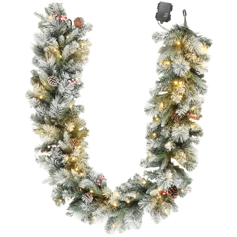 HOMCOM Ghirlanda Natalizia Ø25x180 cm con 50 Luci LED, Bacche e Pigne, in Plastica e Metallo, Verde e Bianco
