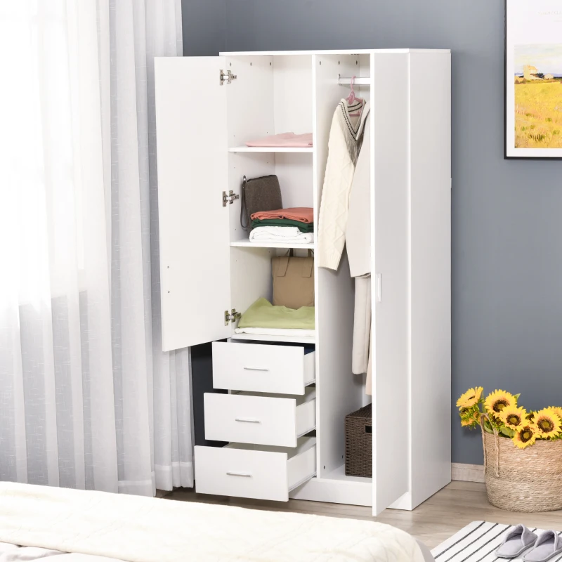 HOMCOM Armário Roupeiro de 2 Portas com Espelho 3 Gavetas Prateleiras Ajustáveis e Barra para Pendurar Incluida Roupeiro para Dormitório 80x50x180cm Branco