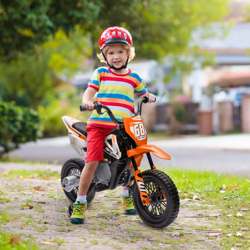 AIYAPLAY Moto Infantil Eléctrica con Control Manual de Gas, Ruedas de Entrenamiento, Música, Naranja