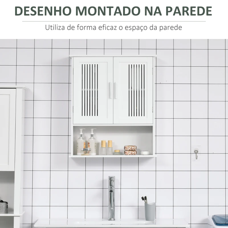kleankin Armário de Parede Casa de Banho com Armazenamento 2 Portas em Ripas Prateleira Ajustável e Compartimento 60x20x70 cm Branco