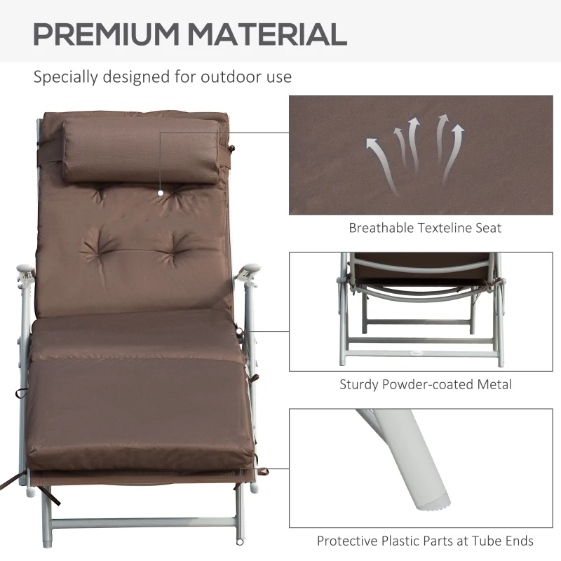 Outsunny Outdoor Recliner Sun Lounger Chair, Steel Frame Folding Chaise Lounge Chair with Headrest, 7 Levels Adjustable Backrest and Breathable Mesh Fabric, Brown