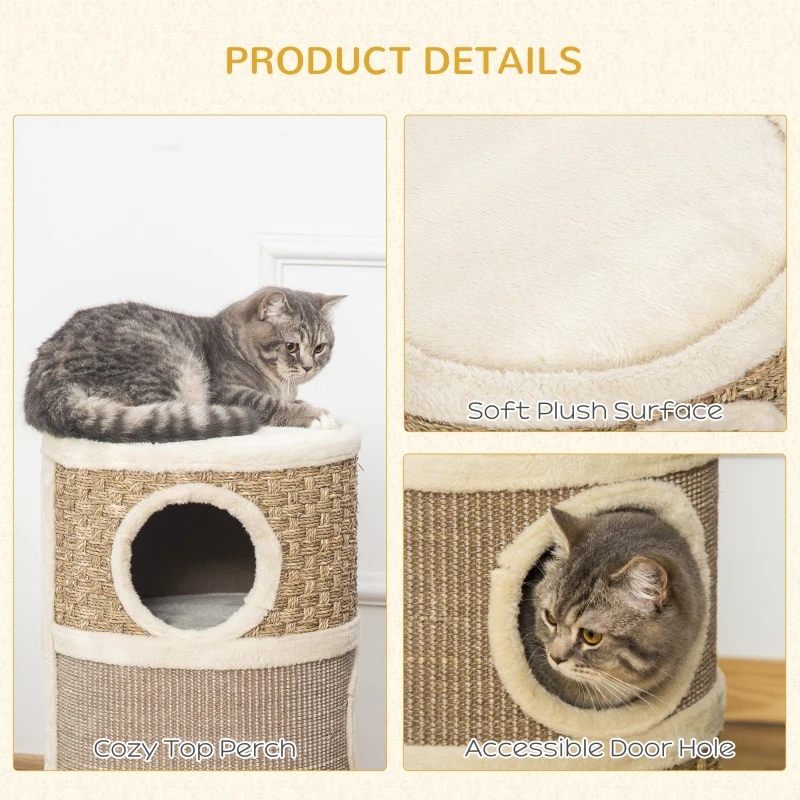 PawHut Cat Scratching Barrel Kitten Tree Tower for Indoor Cats Pet Furniture Climbing Frame Covered with Sisal and Seaweed Rope Cozy Platform Soft Plush
