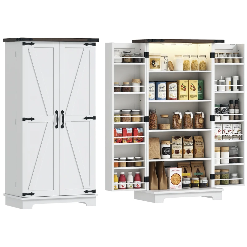 HOMCOM Buffet cuisine, meuble cuisine rangement, avec 12 étagères à portes, lumière LED magnétique, 60 x 40 x 120 cm, blanc(m-10)